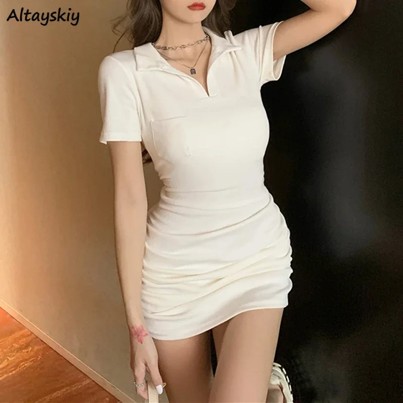 Short Sleeve Dresses Women Official Slim Summer Mujer Elegant Mini Daily Lovely Sexy Basic Design Korean Fashion Simple Mature