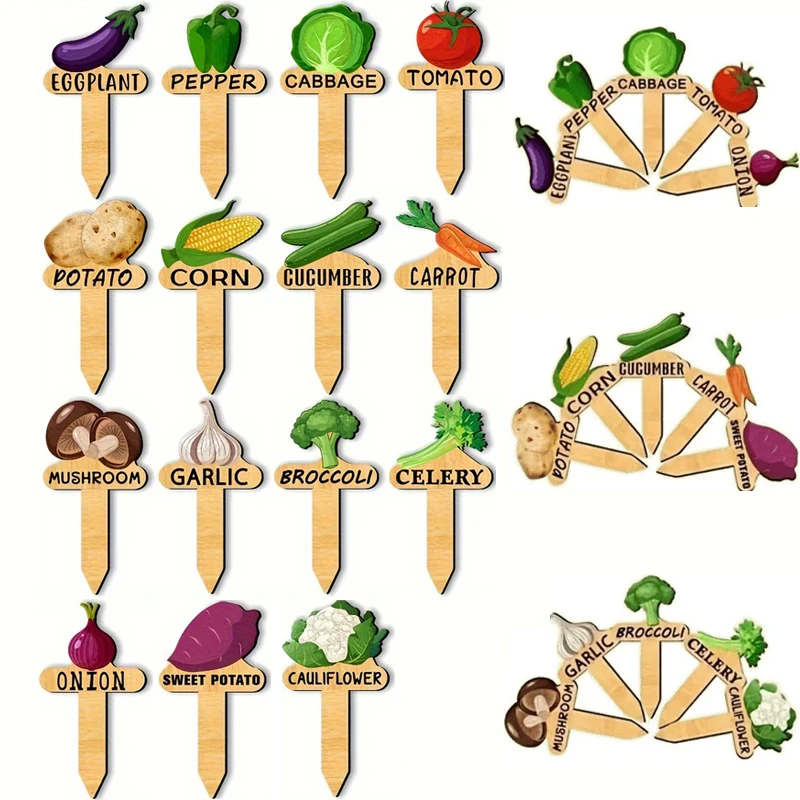 15 Pcs Funny Plant Markers T-Type Vegetable Name Tag with Pattern Wood Plant Garden Sign Seed Indoor and Outdoor Potted Plants