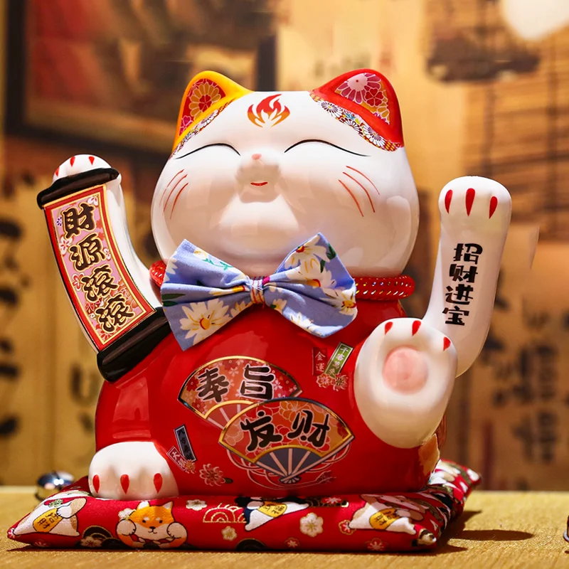 7.5 Inch Ceramic Beckoning Cat Maneki Neko Ornament Swing Lucky Fortune Cat Feng Shui Decoration Centerpiece Business Gift