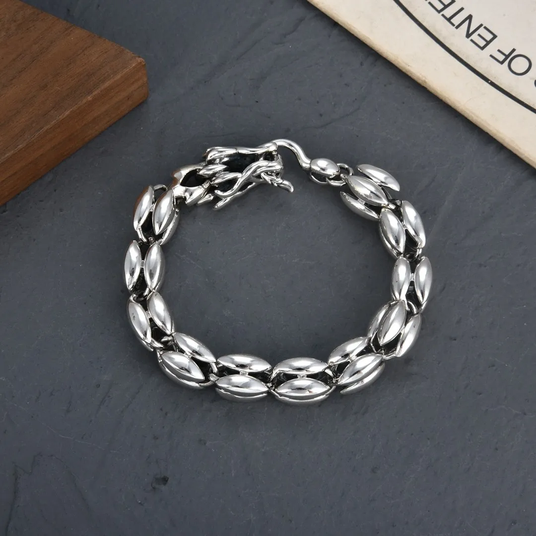 Retro dragon head pure silver bracelet for men, domineering personality, trendy wristband, punk hip-hop, Japanese and Korean cre