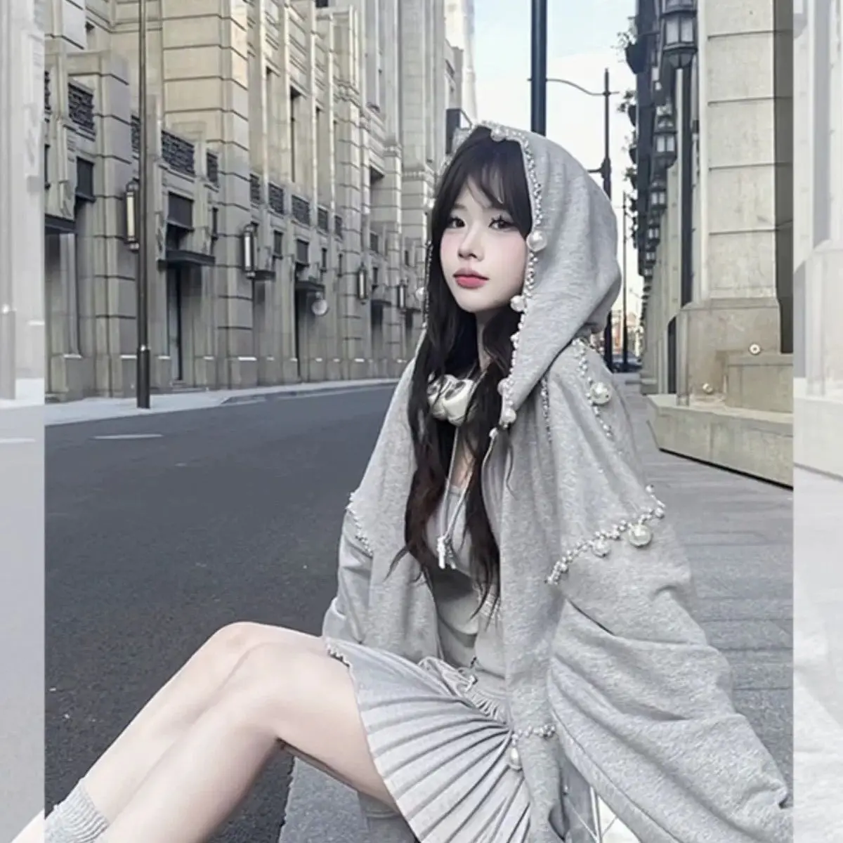 

Korea Style Spring Fashion Streetwear Handmade Pearls Beading Hooded Sweatshirt Women Loose Hoodies