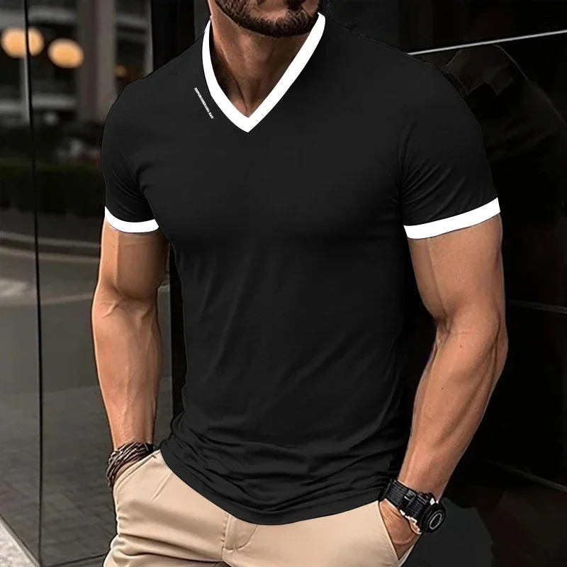 Herren-T-Shirt mit 3D-Motiv, lässig und modisch, einfarbig, V-Ausschnitt, kurzärmelig, mit Buchstabenaufdruck, vielseitiges und bequemes Sommer-Oberteil – Detail 3