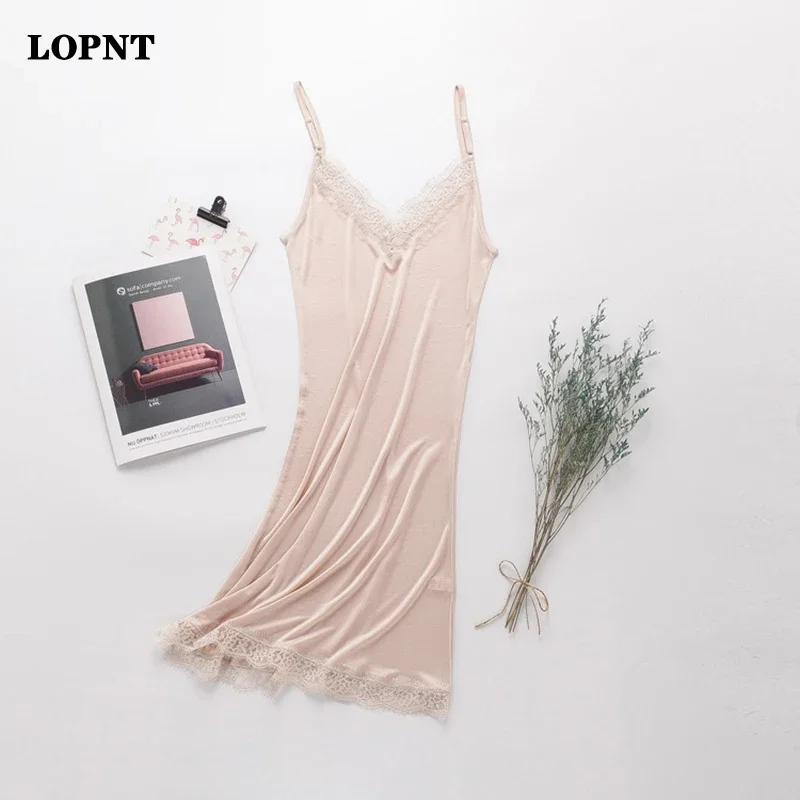 LOPNT Silk Loose V Collar Lace Camisole Women\'s Sleepwear Sexy Silk Pajama V-Neck Pyjamas Sleeveless Night Dress Suspender Skirt