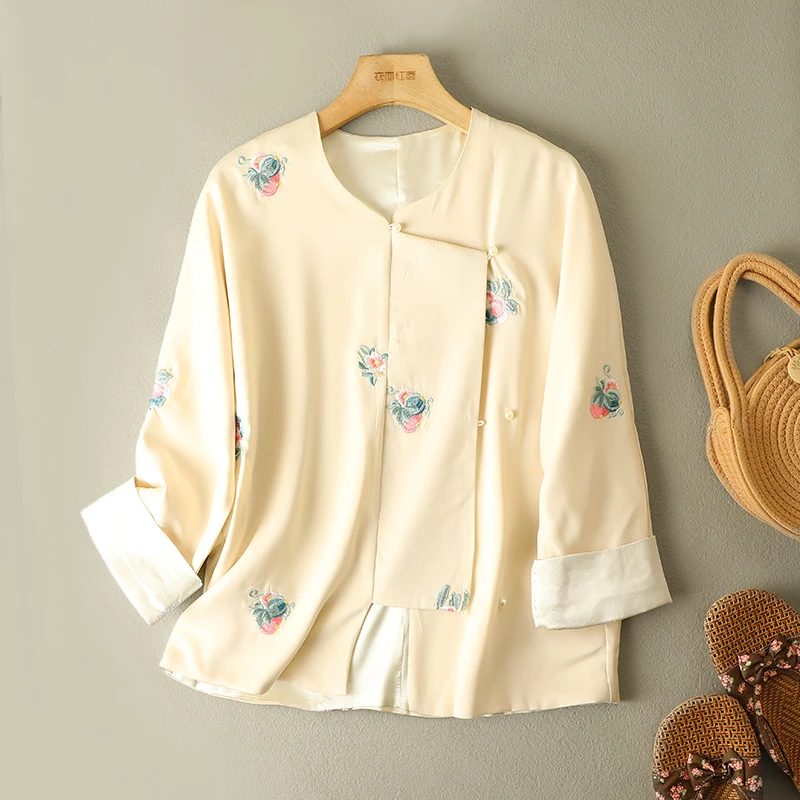 

Ele Chinese Sle Satin ort Jaet Женская весна-лето круглая вышитая раздельная све V-Ne Высококачественная открытая...