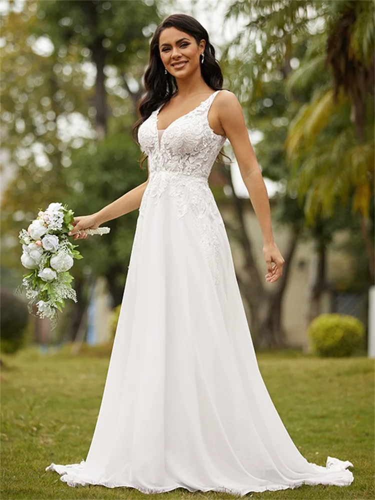 Robe de mariée princesse en mousseline de soie, ligne a, col en v, sans manches, avec traîne, élégante, couleur unie, Simple, pour dames