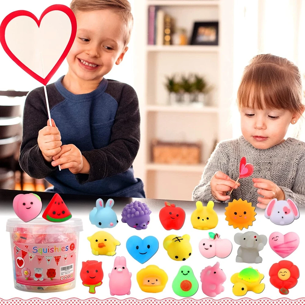 Valentines Day 24PCS for Boy Girl Love Flower Bear Mochi Fidget Squishies Stress Relief Toys Gifts with Storage Box Party Favors