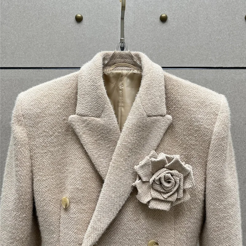 New women's elegant timeless three-dimensional flower Chenille blend double-breasted blazer