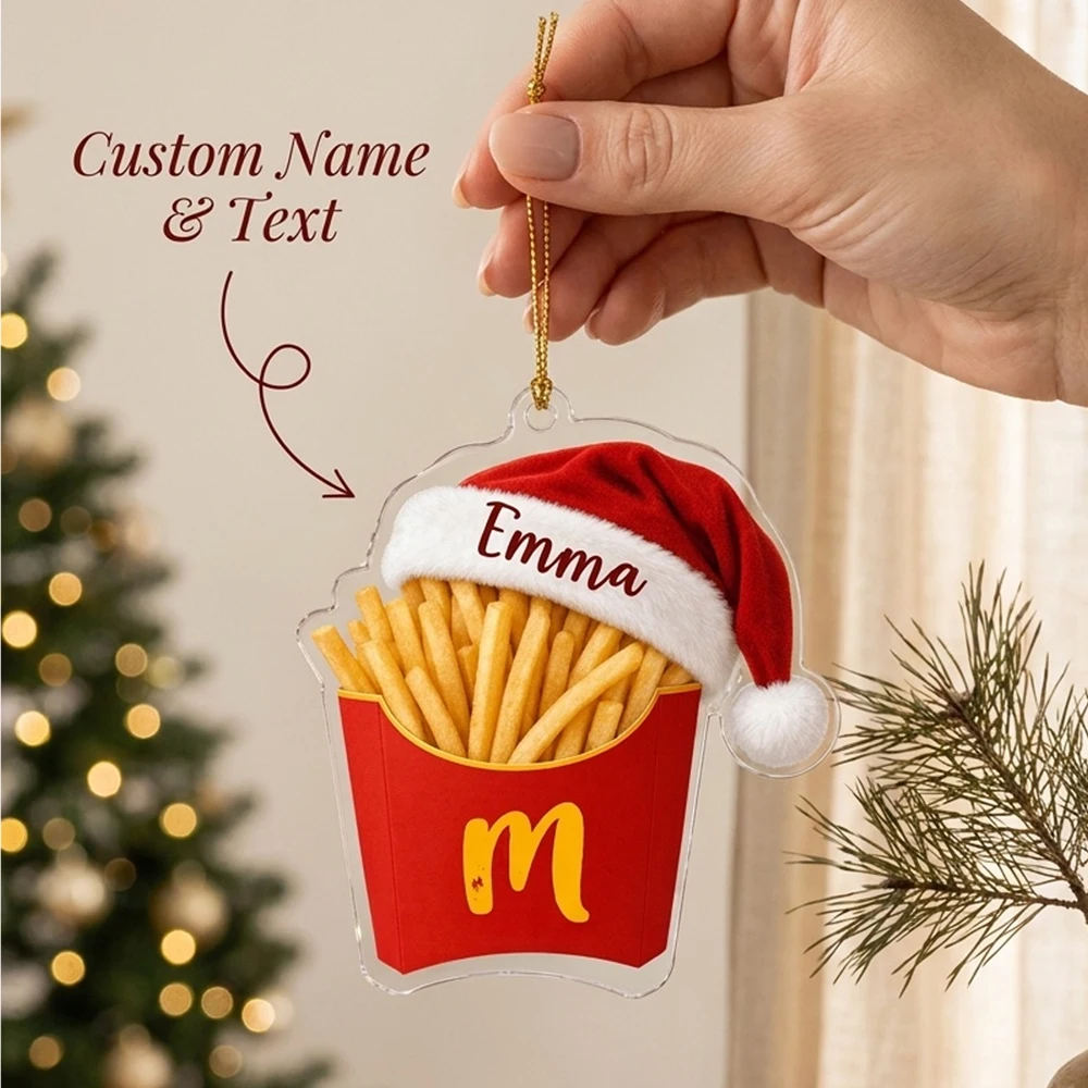 Custom Name Text French Fries Acrylic Xmas Ornament, Funny Santa Hat Shape Hanging Pendant, Novelty Holiday Keepsake Decor Gift