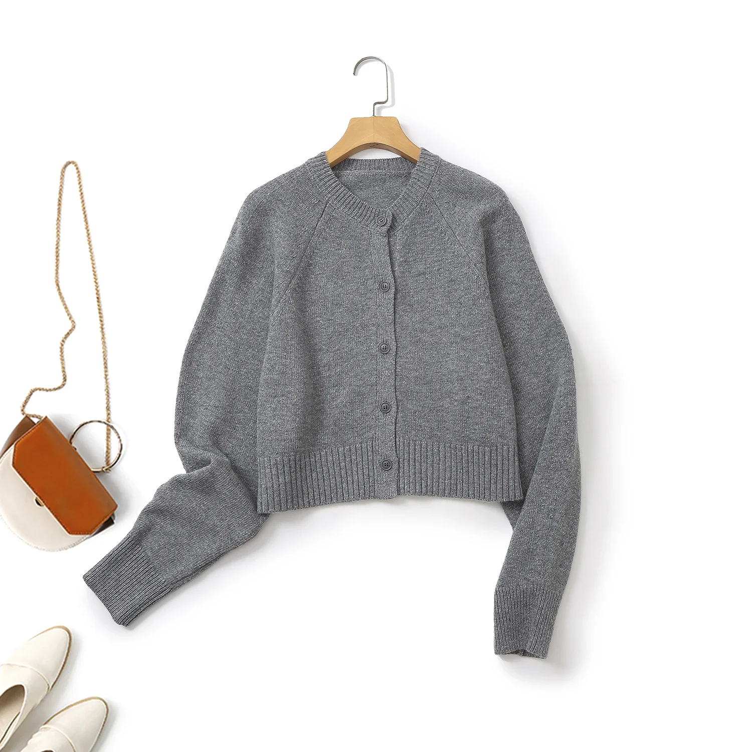 Ethereal MD 2026 YAZHIMEI spring new style of Women\'s casual standard short round neck cardigan gray long sleeves