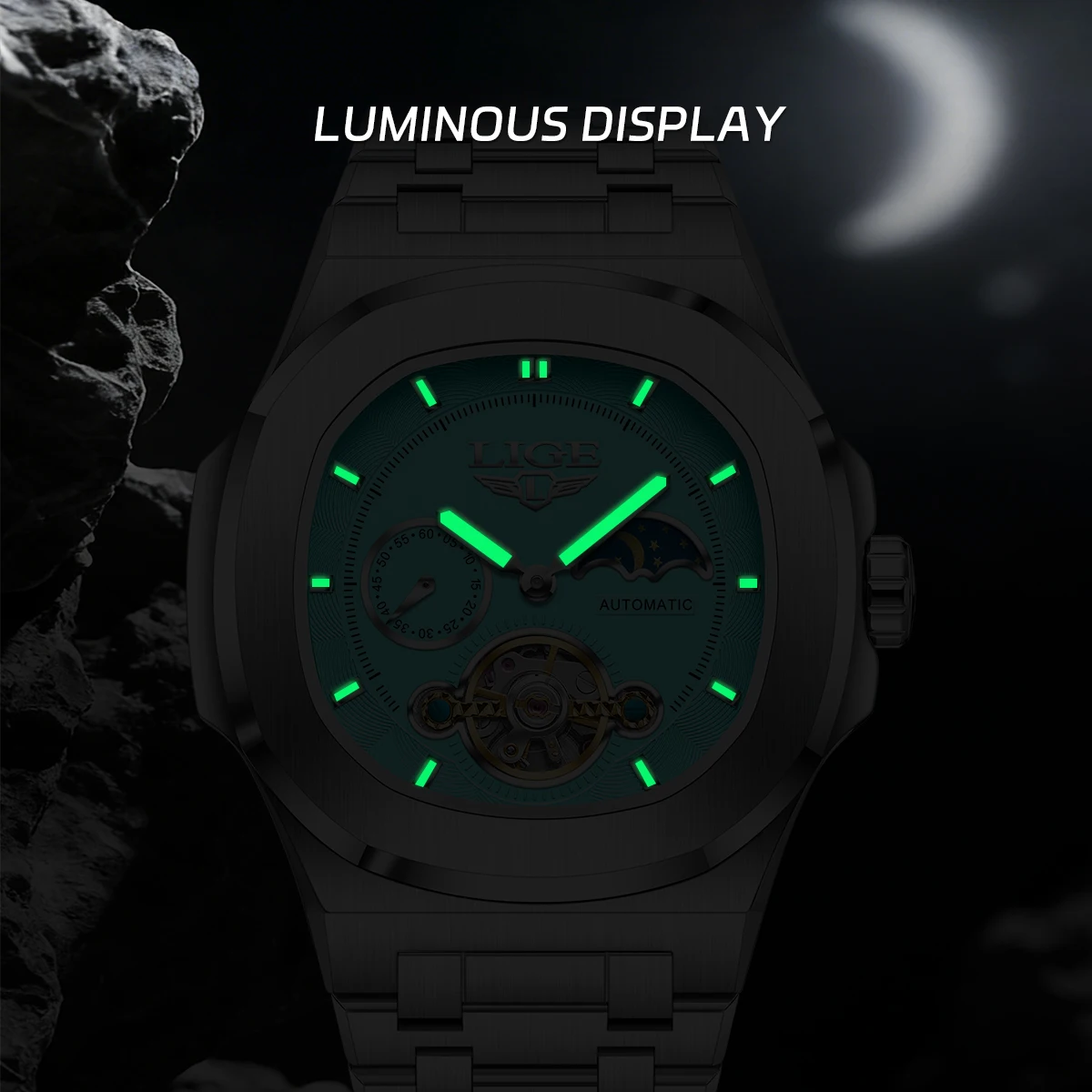 LIGE Dual Seconds Tourbillon Watch 24 Hour Mechanical Watch Men Stainless Steel Authentic Watch Night Glow Waterproof Mens Watch
