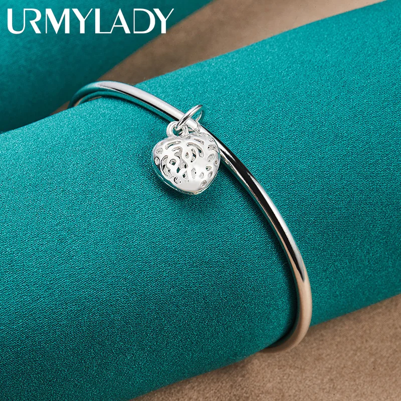 URMYLADY 925 Sterling Silver Heart Bangle Cuff Bracelet For Women Wedding Engagement Party Fashion Jewelry