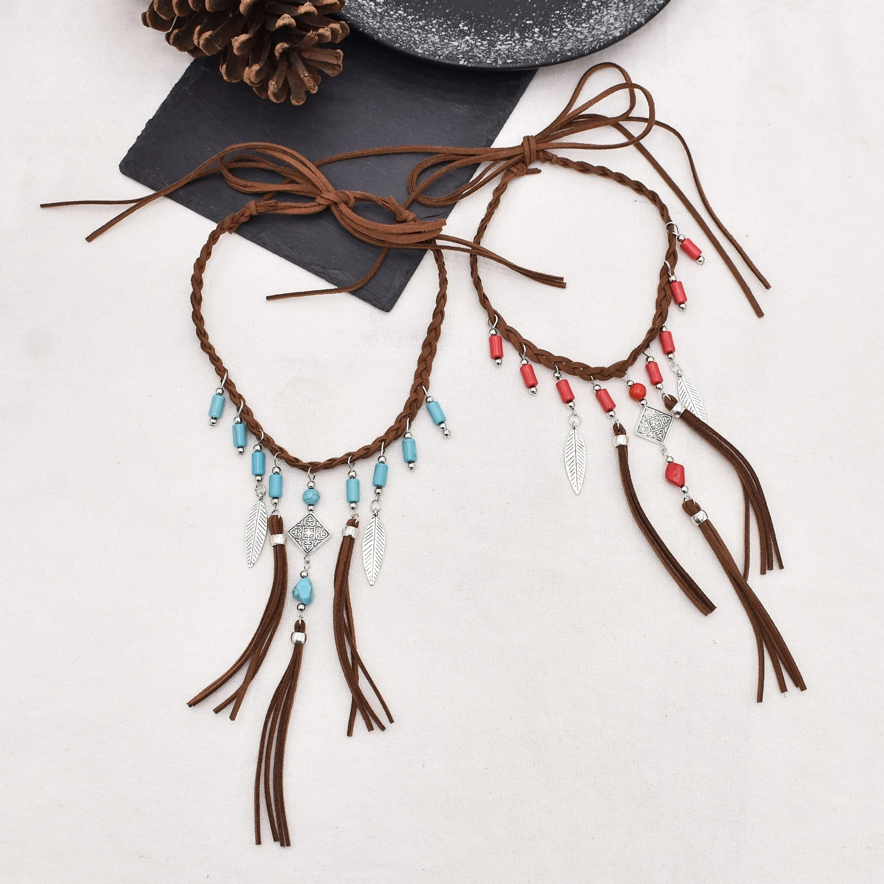 Retro Brown Leather Rope Woven India Necklace Red Blue Acrylic Bead Leaf Tassel Choker Necklaces Ethnic Tribal Statement Jewelry