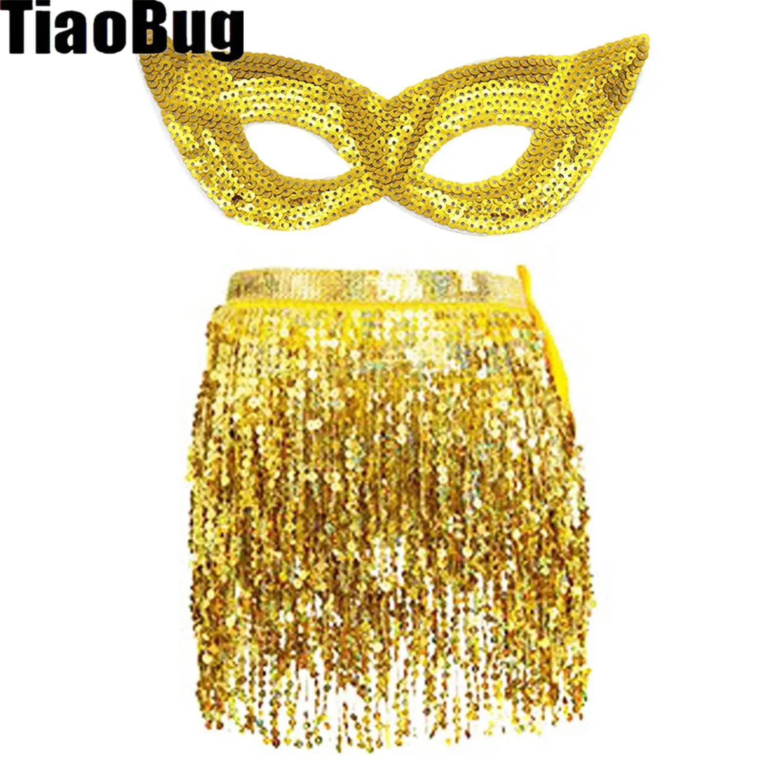 

Womens Sequins Tassel Belly Dance Costumes Set Belly-dance Waist Chain And Sequin Mask for Masquerade Party