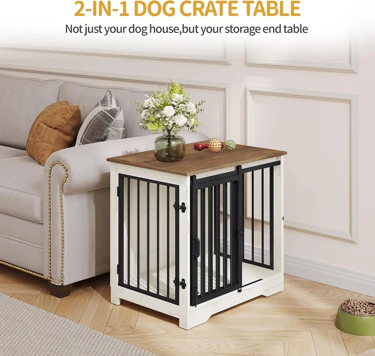 27.2 Inch Wooden Dog Crate Furniture, Heavy Duty Anti-Chew Indoor Pet Kennel with Dual Barn Doors, Escape-Proof Pet Cage, Multifunctional End Table TV Stand for Small Dogs, White Brown