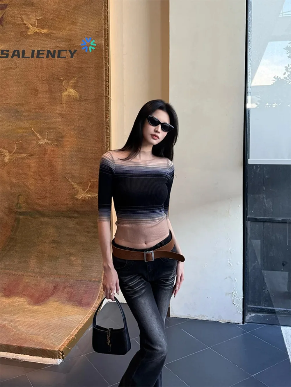 SALIENCY Women Knitted Gradient Mesh Top Half High Neck Slim Sexy Retro Mid Sleeve Pullover Blouse Summer