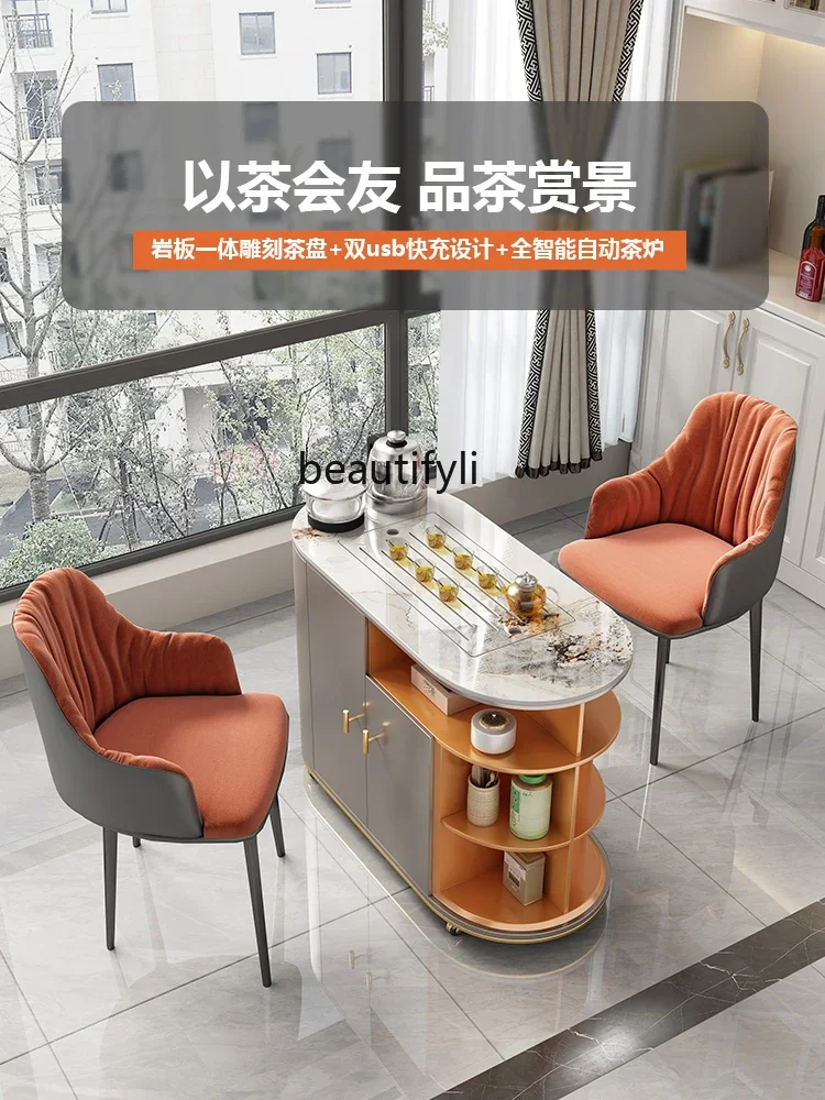 Light Luxury Stone Plate Balcony Small Tea Table Mobile Table-Chair Set Home Modern Minimalist Tea Cart