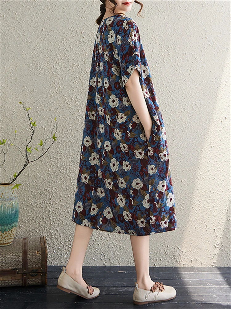 Baumwolle Vintage Floral Print Kleider Für Frauen Sommer Kurzarm Casual Lose Lange Kleid Vestidos Femme Robe Elegante Kleidung