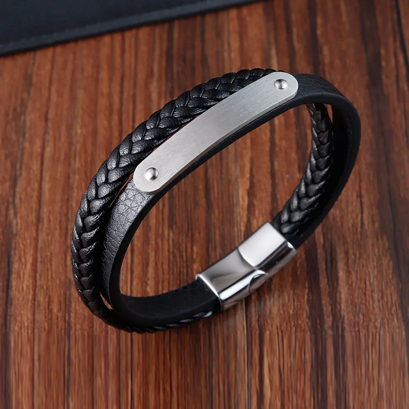 Simple Real Stainless Steel Designer Jewelry Genuine Leather Nomination Engraved Bracelet Wholesale Men Accessories