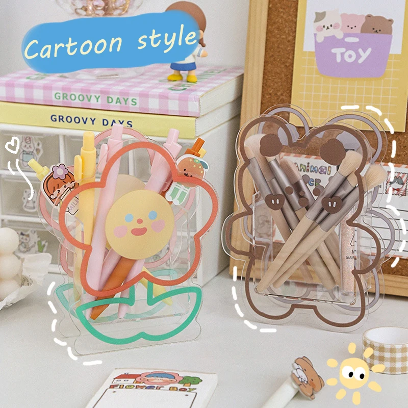Kawaii Pen Holder Creative Cute Desk Organizer Cartoon Acrylic Transparent Stationary Storage Box Students School Office Supply view 2