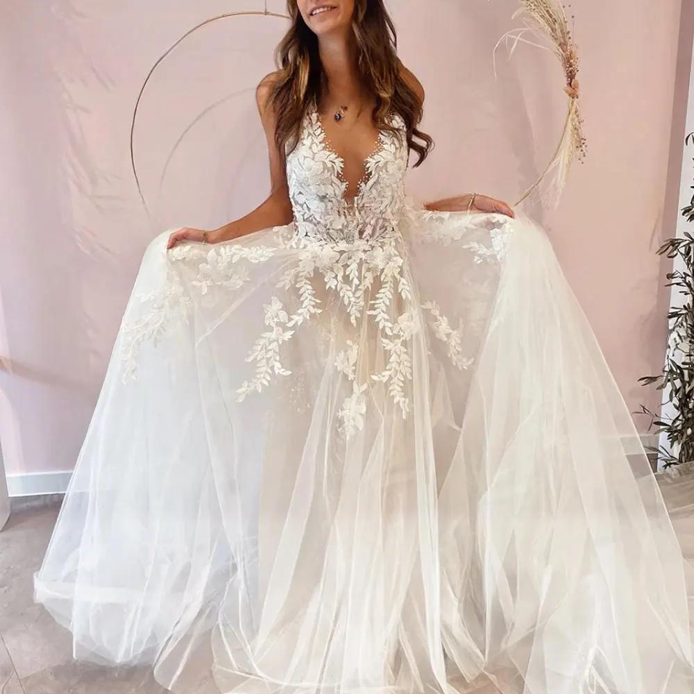 Robes de mariée dos nu A-Line col en V, appliques en dentelle de tulle blanc, train de balayage, robe de mariée sexy, quelle que soit la plage, fête de mariage, éducatif