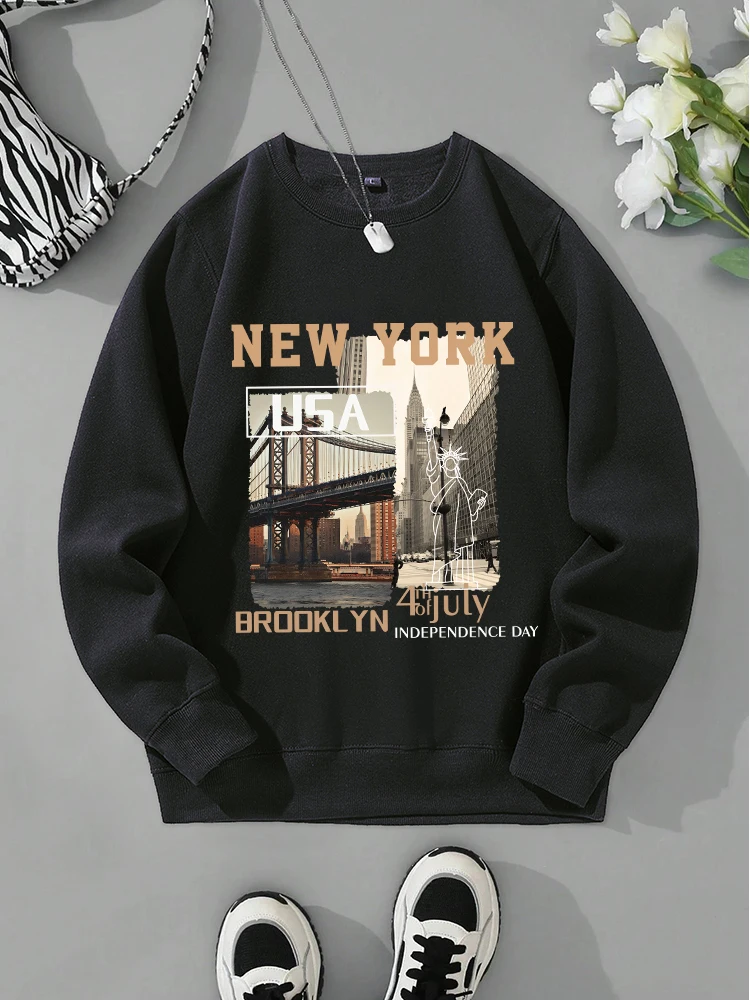 New York City Scenery Printed Sportswear Male Autumn Warm Casual Hoodie Simple Fleece Sweatshirts Street Fashion Tracksuit Men