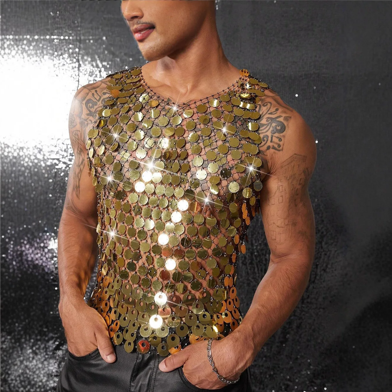 

Sexy Men's Hollow Vest Top Rhinestone Perspective Nightclub Party Fishing Net Beads