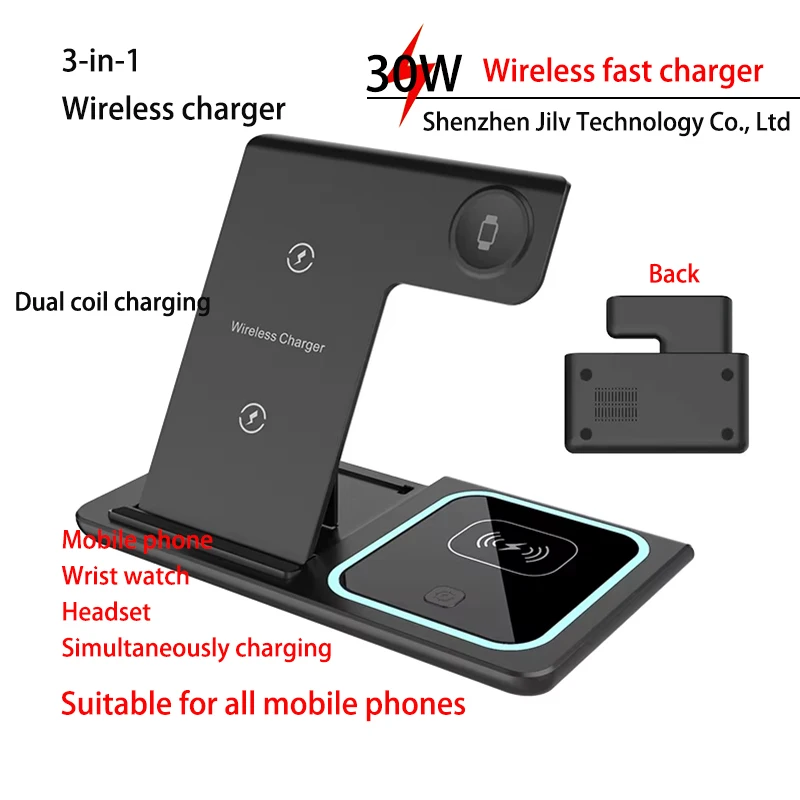 3in1 شاحن مغناطيسي سريع لاسلكي قابل للطي شحن سريع LED حامل إضاءة لسماعات ساعة اليد للهاتف الخليوي - جديد