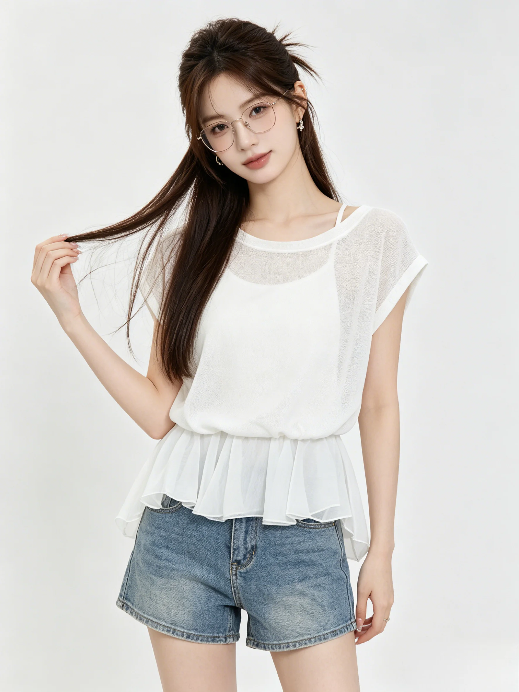 Chic Design Casual Style Shoulder Drop Sleeve Fake Two-Piece Ruffle Hem Side Shoulder Short Sleeve Women's Summer Irregular Top