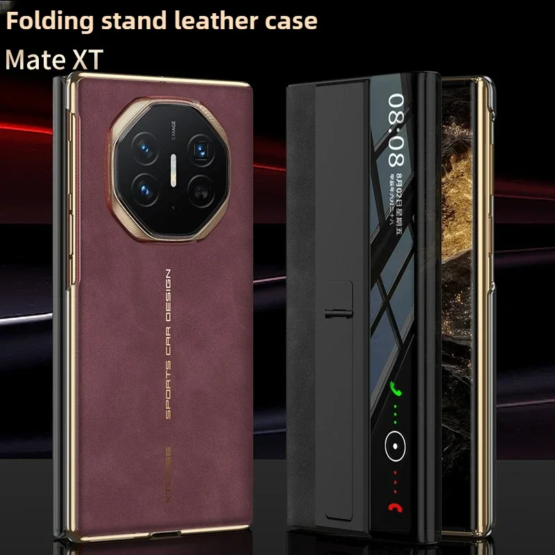 

Matte Luxury Electroplating Learther Folding Hinge Bracket Case For Huawei Mate XT 5G Shockproof Flip Hard Back Case Accessories