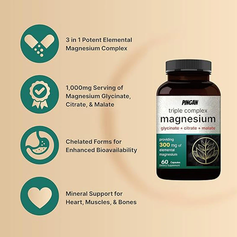 Triple Complex Magnesium Supplement, 60 Capsules | Magnesium Glycine Contains Citrate and Malic Acid Non GMO