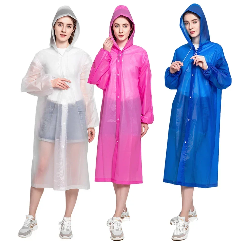 Adult Hooded Poncho One-Piece Long Raincoat Cuff Drawstring Reusable Waterproof Raincoat Outdoor Travel Transparent Raincoat