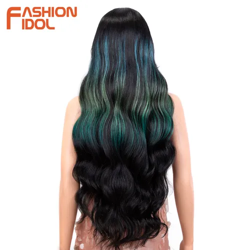 Imagen 2 del producto Peluca con malla frontal sintética ondulada de agua suelta, 34 pulgadas, ombré, arcoíris, sin pegamento, con pelo de bebé, pelucas de Cosplay para mujer, peluca de encaje ondulado profundo