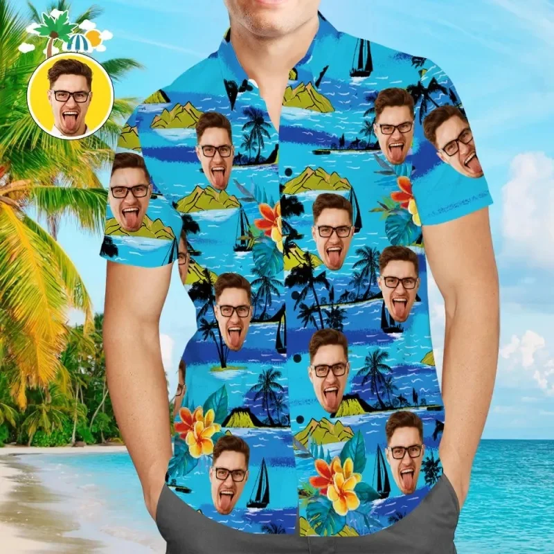 Camicie hawaiane personalizzate con viso divertente camicie di Design con piante di fiori camicie da spiaggia personalizzate stampate in 3D Unisex con risvolto top a maniche corte