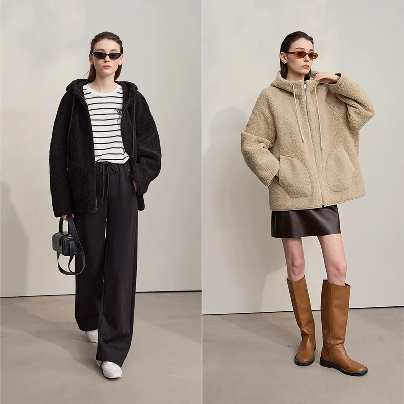 AMII معطف الفرو امرأة 2025 شتاء جديد متعدد الاستخدامات الدافئة طويلة الأكمام سترة الصلبة عادية فضفاض سستة مقنعين معاطف عكسها 12524097