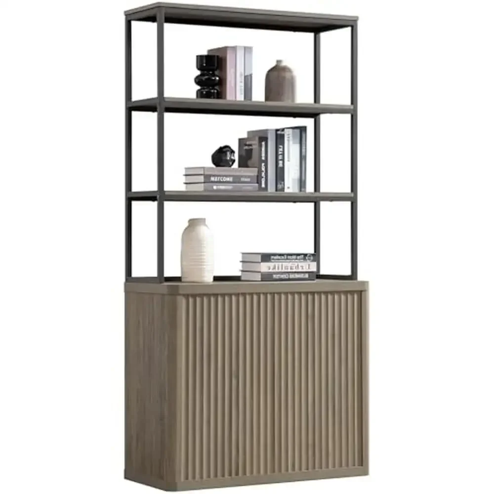 Fluted Waveform Panel Design Bookshelf Storage 5 Tier Modern Wood Metal Doors Adjustable Shelf Pop-Up Design Bookcase 31.5