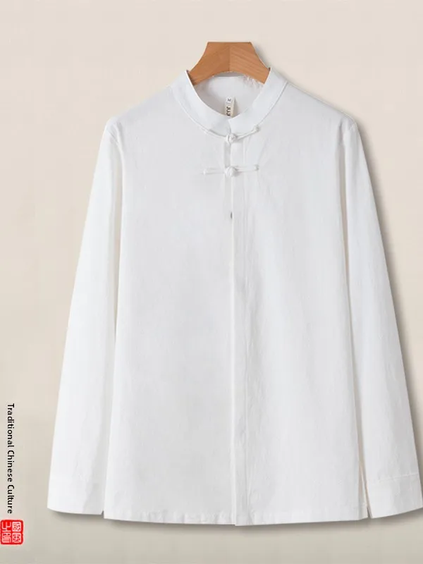 

Новый китайский мужской повседневный костюм Тан в этническом ретро-стиле, ручной работы, однотонный, с воротником-стойкой, из хлопка и льна