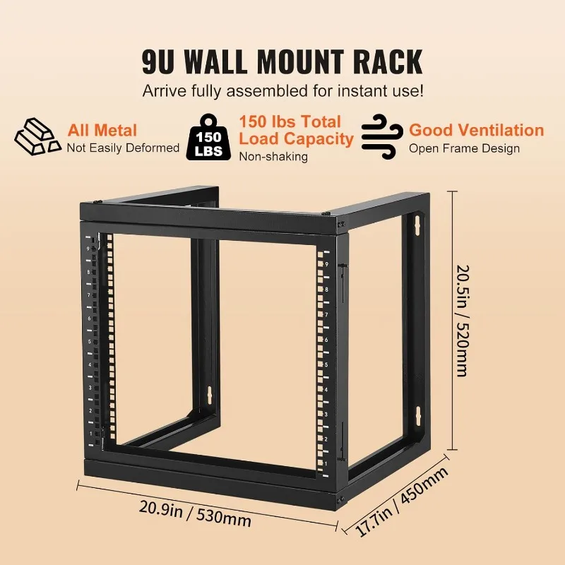 9U Server Rack,Wall Mount Network Rack for 19 Inch IT Equipment, Open Frame Rack for AV & Server Equipment, 18'' Deep