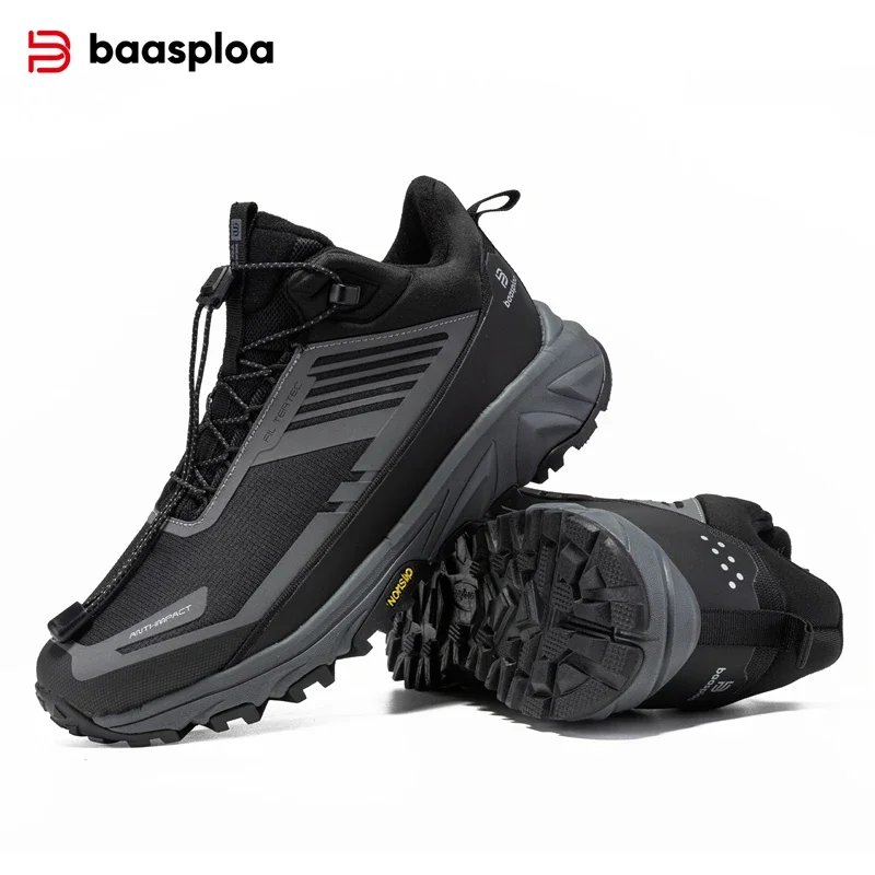 Baasploa New Men Hiking Shoes Outdoor Waterproof Resistant Non Slip Sneakers Male Casual Lightweight Plush Warm Walking Shoes