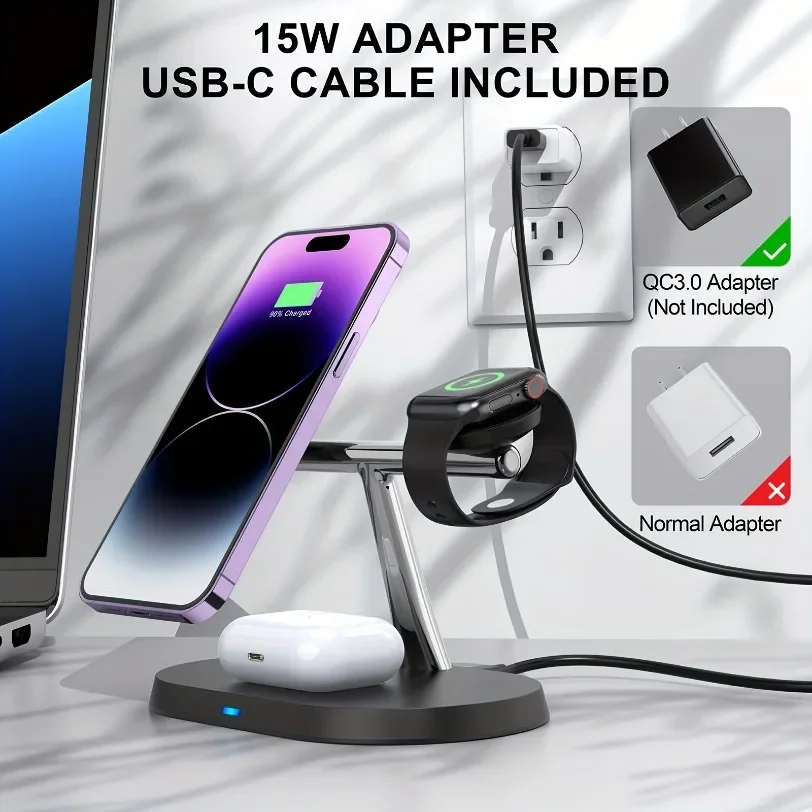 30W 3 in 1 Magnetic Wireless Charger Stand For Magsafe iPhone 16 15 14 13 12 Apple Watch 8 7 6 Airpods Pro Fast Charging Station image 2