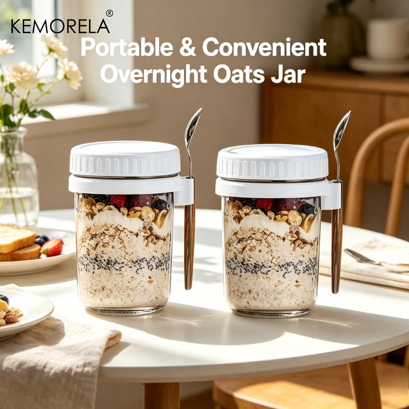 2 Vasos para Avena con Tapa y Cuchara, Portátiles, para Desayuno, Cereales, Nueces, Yogur, 300 ml, Recipiente para Almacenar Alimentos y Ensaladas de Frutas
