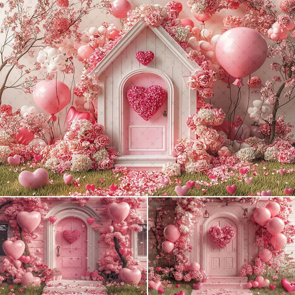 

Valentine's Day Backdrop Pink House Floral Balloon Love Kid Birthday Portrait Decor Photography Background Studio