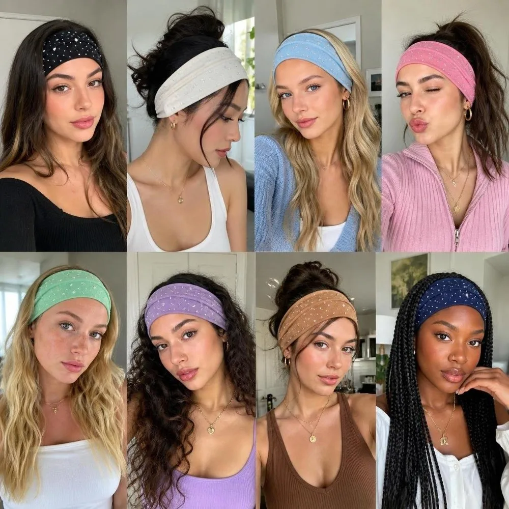Trendy Fabric Star Headband Wide Star Studded Wide Hair Wrap Rhinestone Accents Elastic Elastic Hair Band Daily Wear
