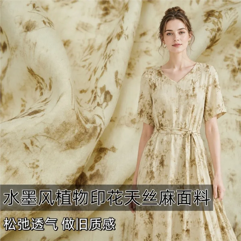Breathable and skin-friendly ink-style plant-printed linen fabric for shirts dresses skirts designer