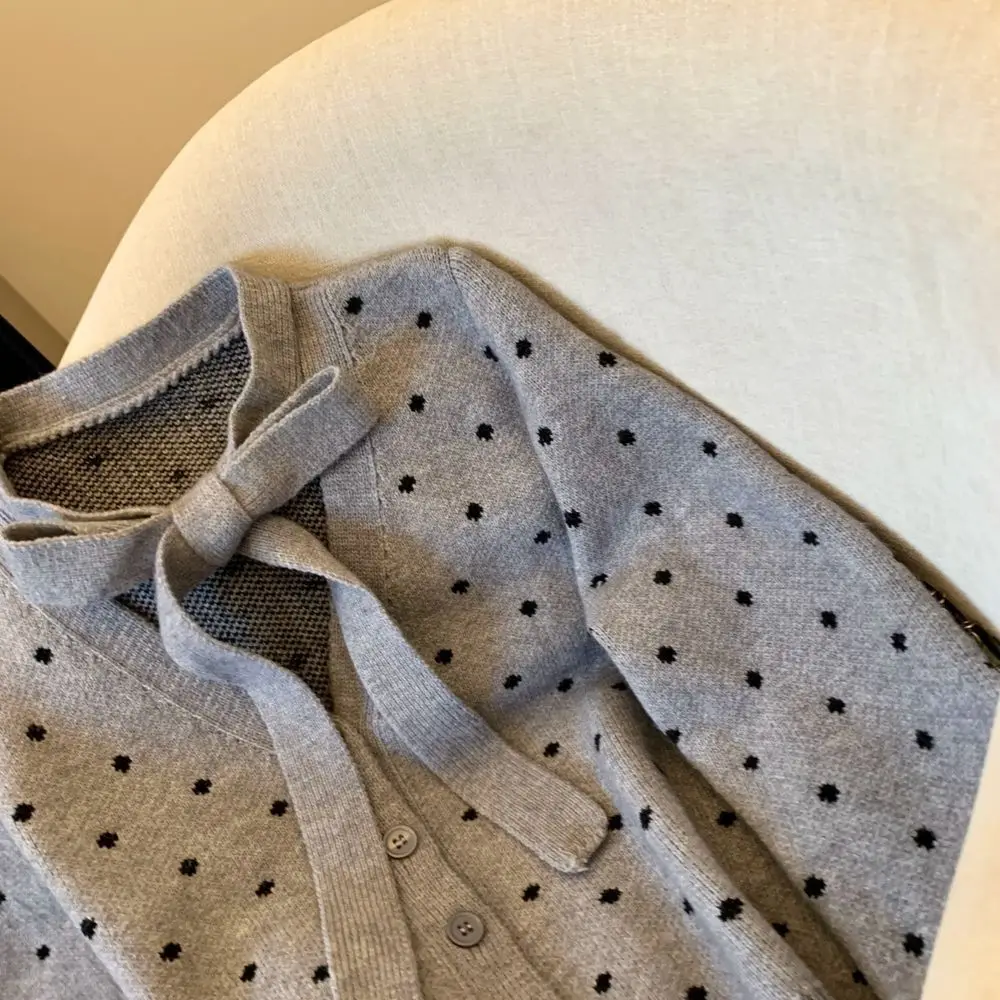 

Korean Sle Knot Polka Dot Knitted Cardigan Women's Loose Casual Soft Nine Sve V-Ne Spring Autumn Top