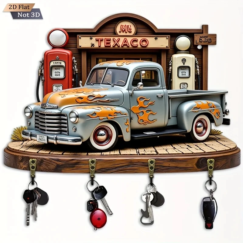 2D Flat. 1pc. Vintage Flame Truck Key Hook - Wooden Multi-Functional Decorative Key Holder with Four Metal Hooks, Wall