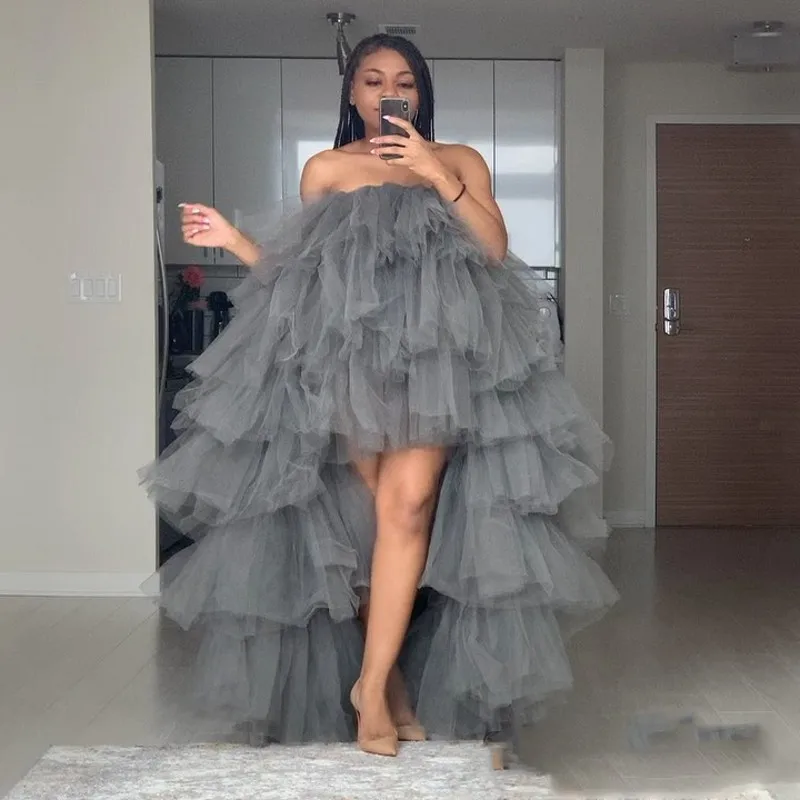 

Fashion Tulle Dresses Gray Off Shoulder Layered Long Lush Ruffled High Low Prom Gowns For Women Extra Puffy Asymmetrical