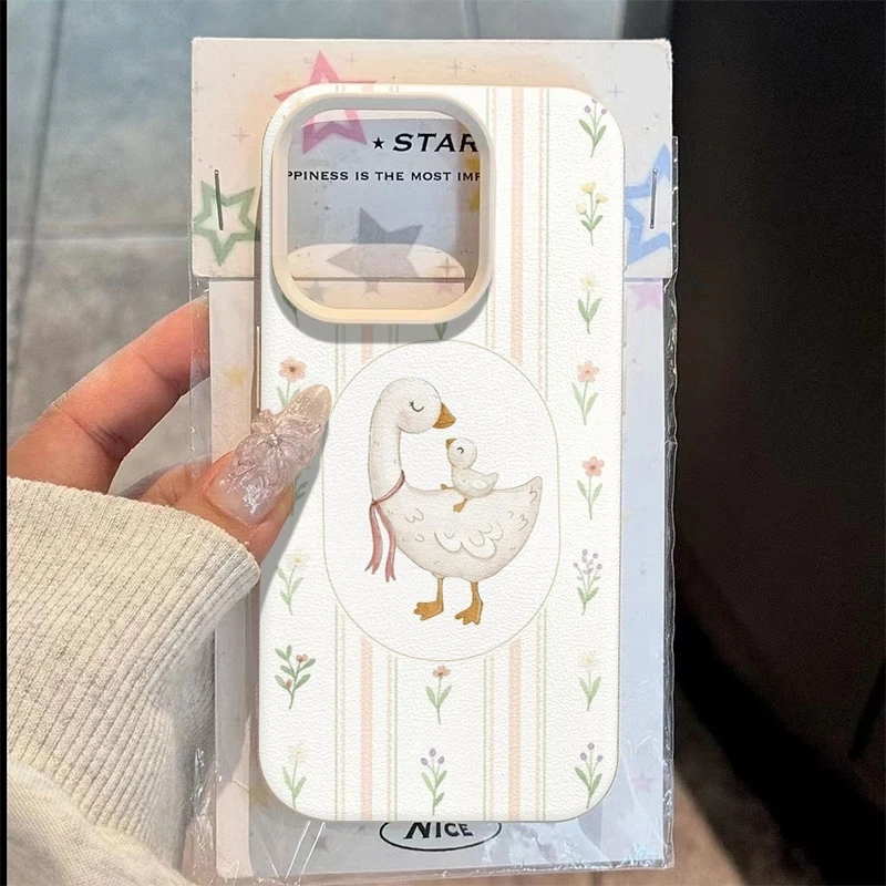 

Cute Floral Striped White Goose Pattern Phone Case For iPhone 17E 16 15 Pro Max 14 13 12 11 XS Max XR 7 8 Plus 16E 17 Air Cover