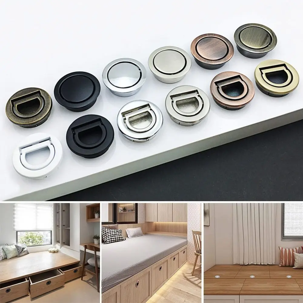 Modern Stainless Steel Door Handles Flip Round Door Knob Wardrobe Recessed Drawer Pulls Cabinet