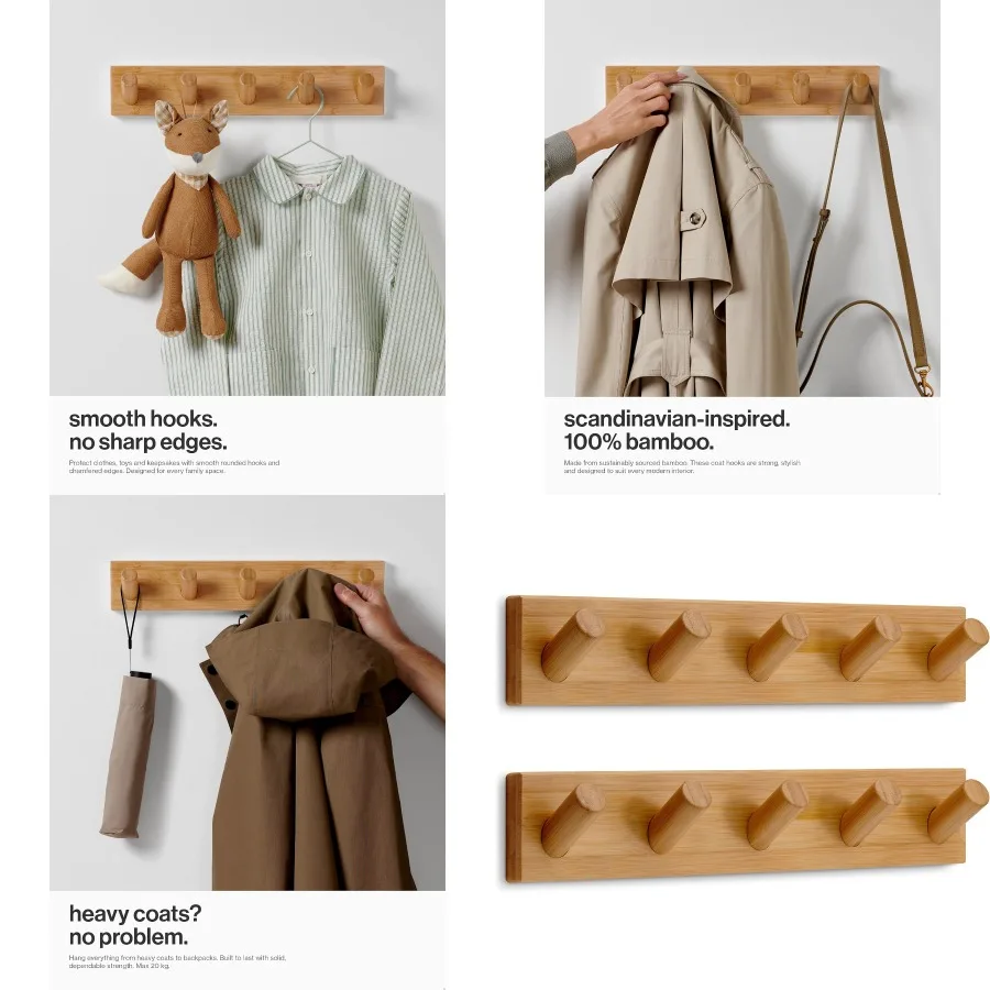 

Wall Mounted Coat Rack with 5 HeavyDuty 1 Diameter Hooks 2Pack 16.5 Wooden Wall Hook Rack for Entryway Bedroom or Bathroom Mode