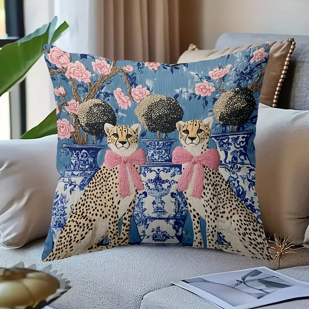 2D flat- # Vintage Cheetah Bow Decorative Throw Pillow Cover Chinoiserie Floral Blue and White Porcelain Cushion Case